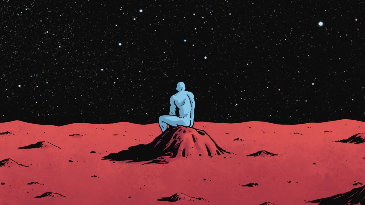 Doctor Manhattan sits alone on a rock on Mars in Rorschach #7, DC Comics (2021). 