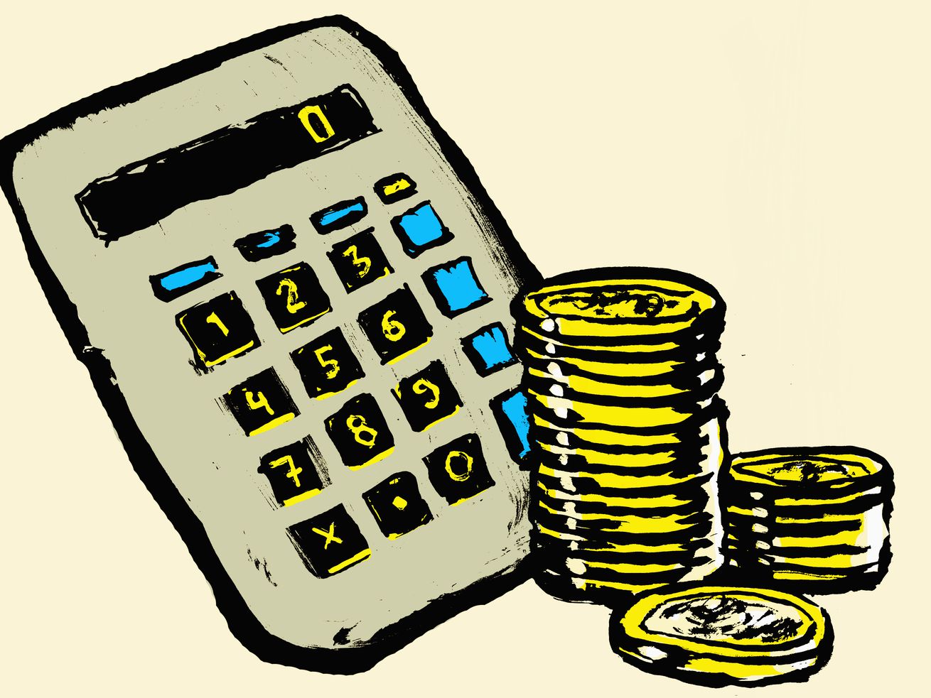 An illustration of an old-school gray calculator and a stack of gold coins.