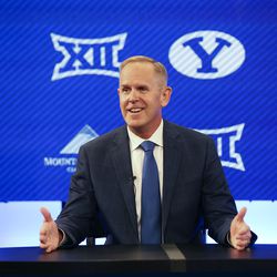 BYU athletic director Tom Holmoe speaks at a press conference announcing that BYU has accepted an invitation to the Big 12 Conference at BYU in Provo on Friday, Sept. 10, 2021. BYU will play all sports provided by the Big 12 except for equestrian, rowing and wrestling. Men’s volleyball will continue to play in the Mountain Pacific Sports Federation, as the Big 12 does not offer the sport.
