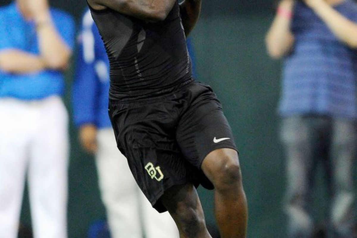 Mar 21, 2011; Waco, TX, USA; Baylor Bears wide receiver Kendall Wright (1) catches a pass during the Baylor pro day at the Allison Indoor Facility. Mandatory Credit: Jerome Miron-US PRESSWIRE