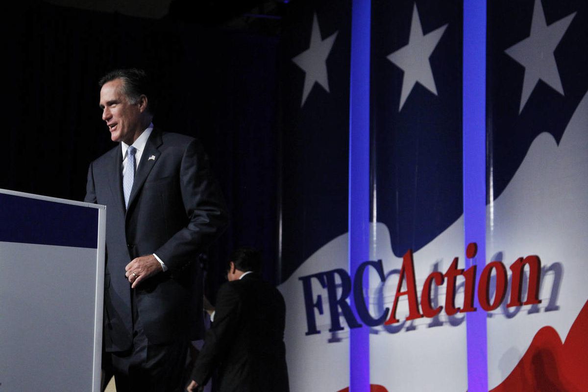 Republican presidential candidate former Governor Mitt Romney, arrives to deliver his remarks at the Values Voter Summit in Washington, Saturday, Oct. 8, 2011.