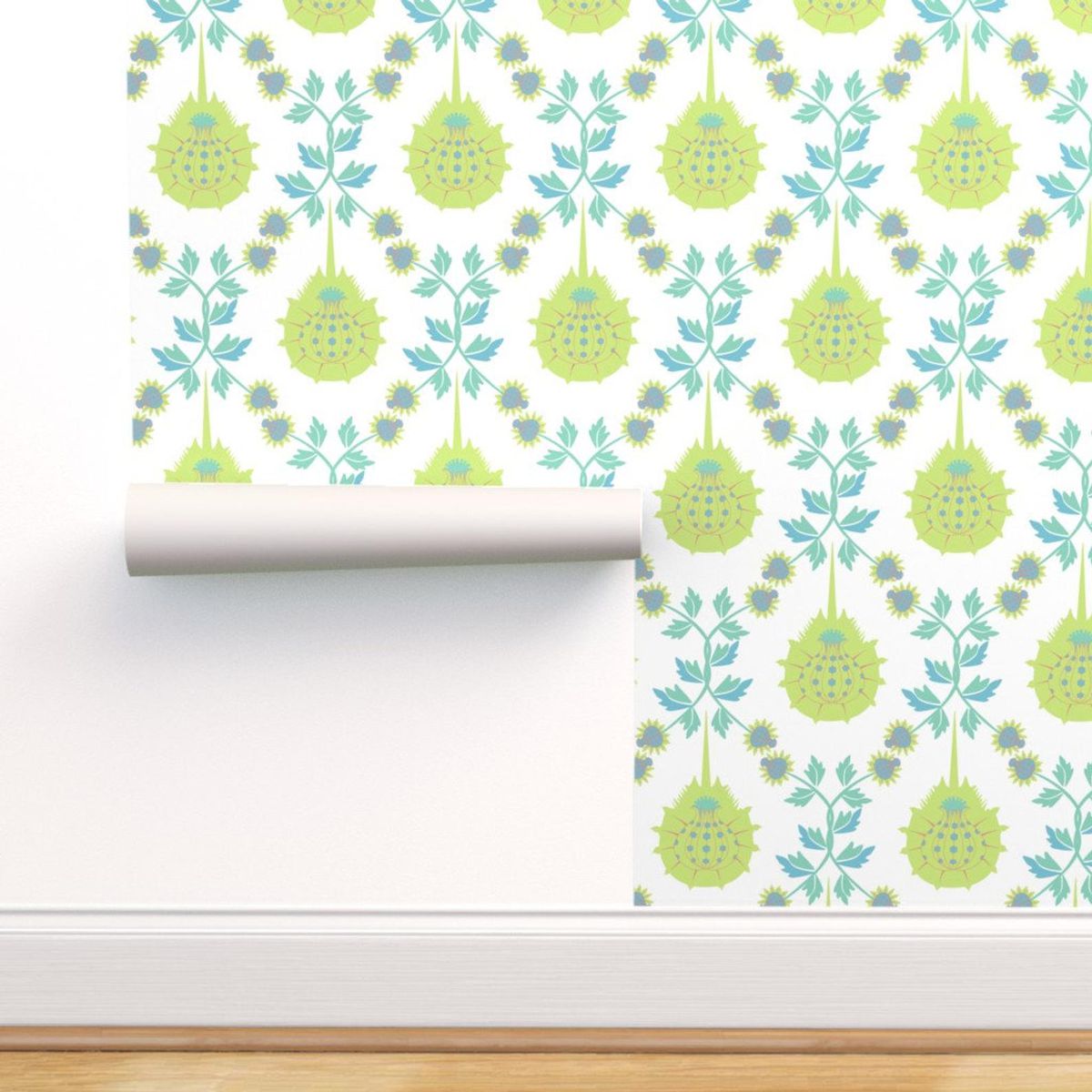 Wallpaper with a lime green horseshoe crab pattern