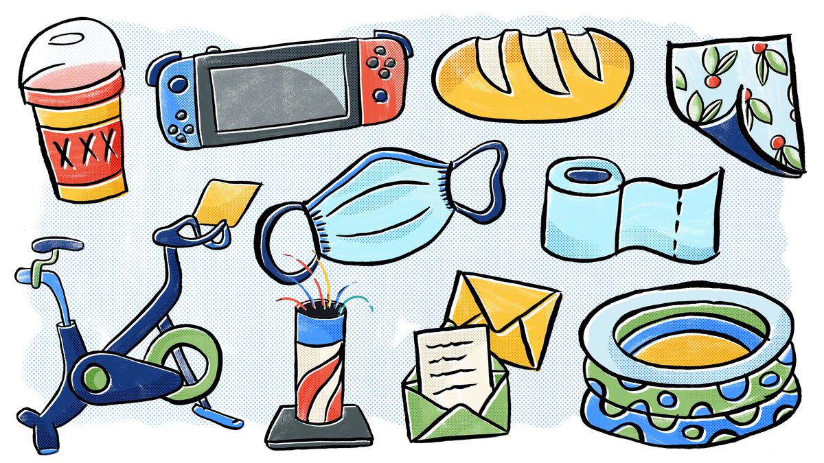 An illustration of a to-go beer, a Nintendo Switch, a Peloton bike, a protective face mask, fireworks, a loaf of bread, toilet paper, envelopes, a kiddie pool, and peel-and-stick wallpaper.