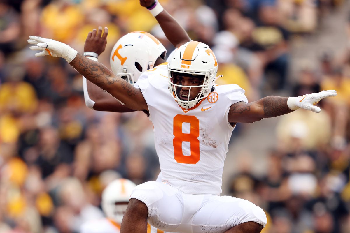 Running back Tiyon Evans of the Tennessee Volunteers celebrates after scoring a touchdown during the 1st quarter fo the game against the Missouri Tigers at Faurot Field/Memorial Stadium on October 02, 2021 in Columbia, Missouri.