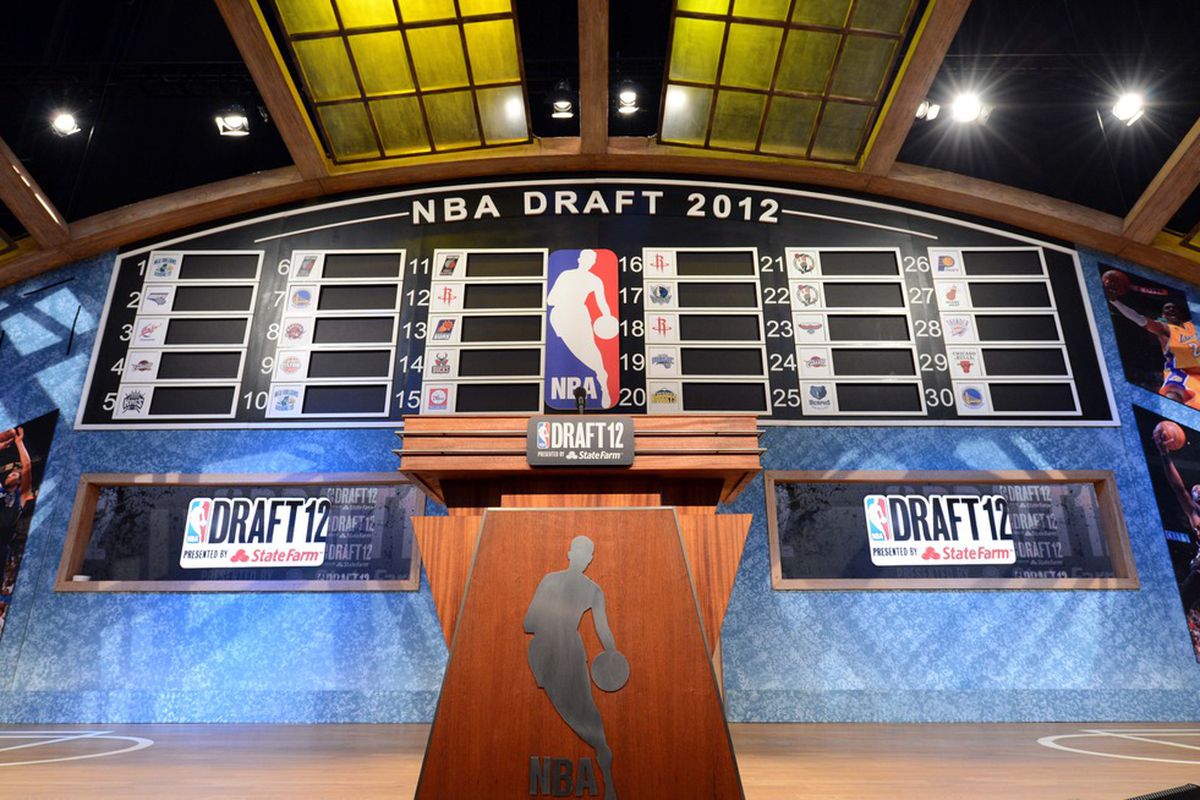 June 28, 2012; Newark, NJ, USA; A general view of the stage before the 2012 NBA Draft at the Prudential Center.  Mandatory Credit: Jerry Lai-US PRESSWIRE