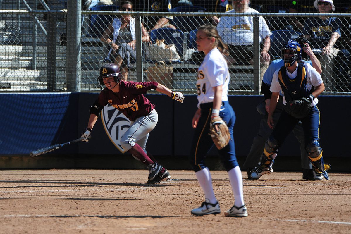 May 10, 2012; Arizona State Sun Devils shortstop Katelyn Boyd with a base hit (Credit: Kyle Terada-US PRESSWIRE)