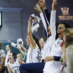 BYU players cheer a 3-pointer at the end of the game with the Santa Clara Broncos during the WCC tournament in Las Vegas Monday, March 7, 2016. BYU won 87-67.