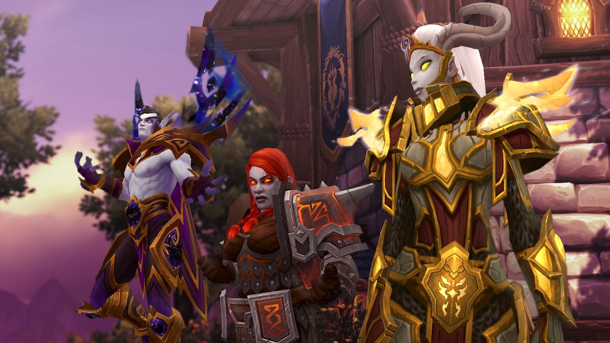 A line up of the Alliance allied races: Void Elves, Dark Iron Dwarves, and Lightforged Draenei.