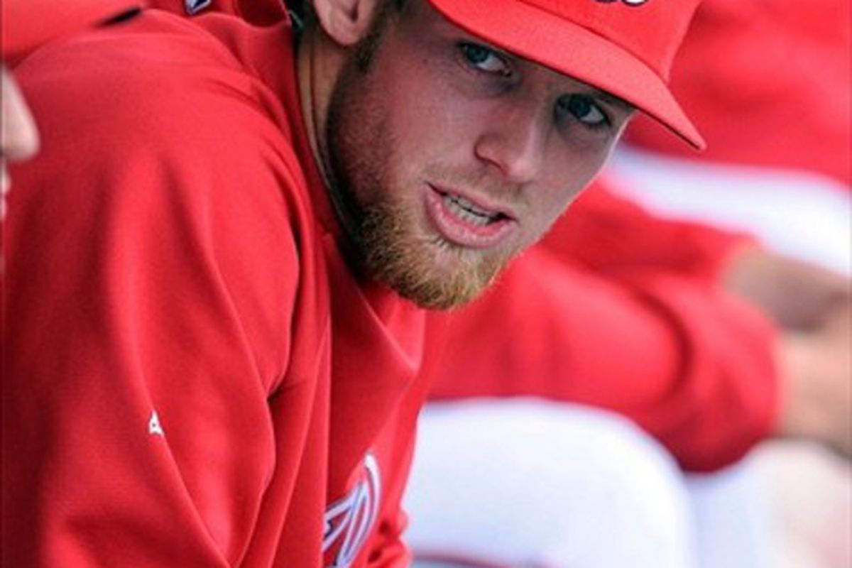 March 07, 2012; Melbourne, FL, USA;   Washington Nationals starting pitcher Stephen Strasburg (37) in the dugout during the spring training game against the St. Louis Cardinals at Space Coast Stadium. Mandatory Credit: Brad Barr-US PRESSWIRE