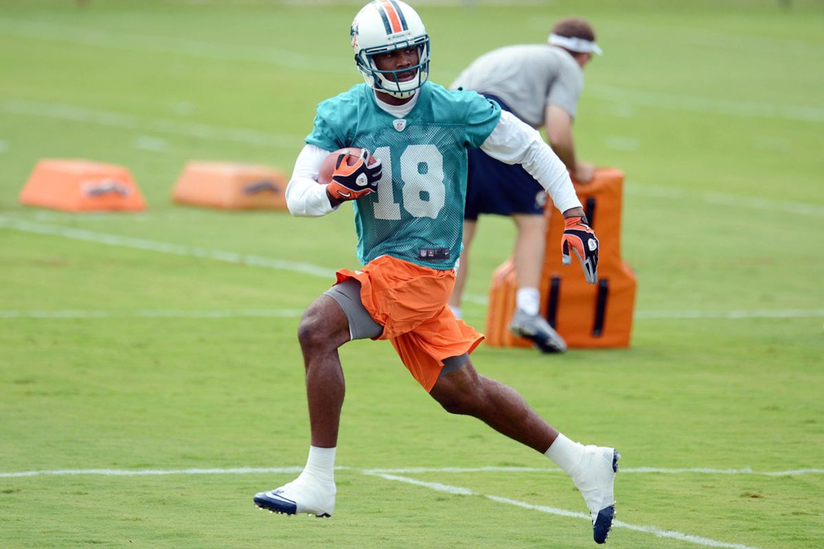 May 22, 2012; Davie, FL, USA; Miami Dolphins wide receiver Roberto Wallace (18) during organized team activities at the Dolphins training facility. Mandatory Credit: Steve Mitchell-US PRESSWIRE