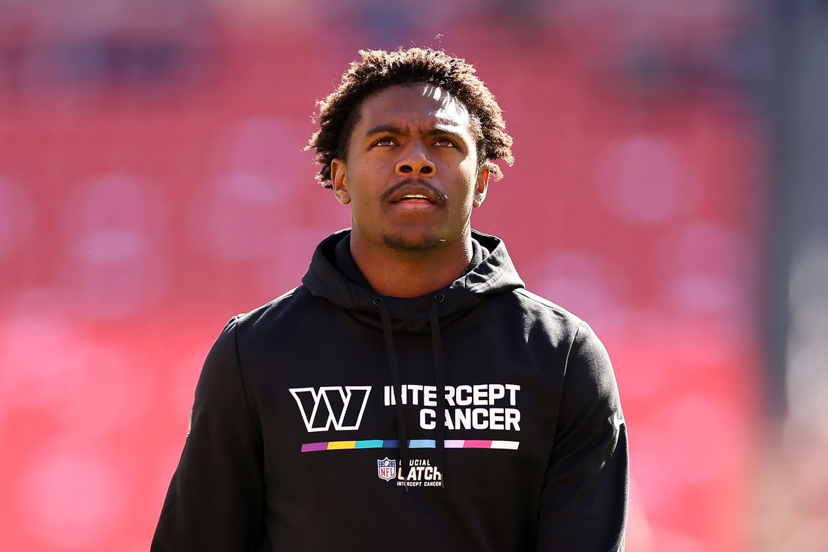 Jahan Dotson #1 of the Washington Commanders looks on during warm ups before his game against the Tennessee Titans at FedExField on October 09, 2022 in Landover, Maryland.