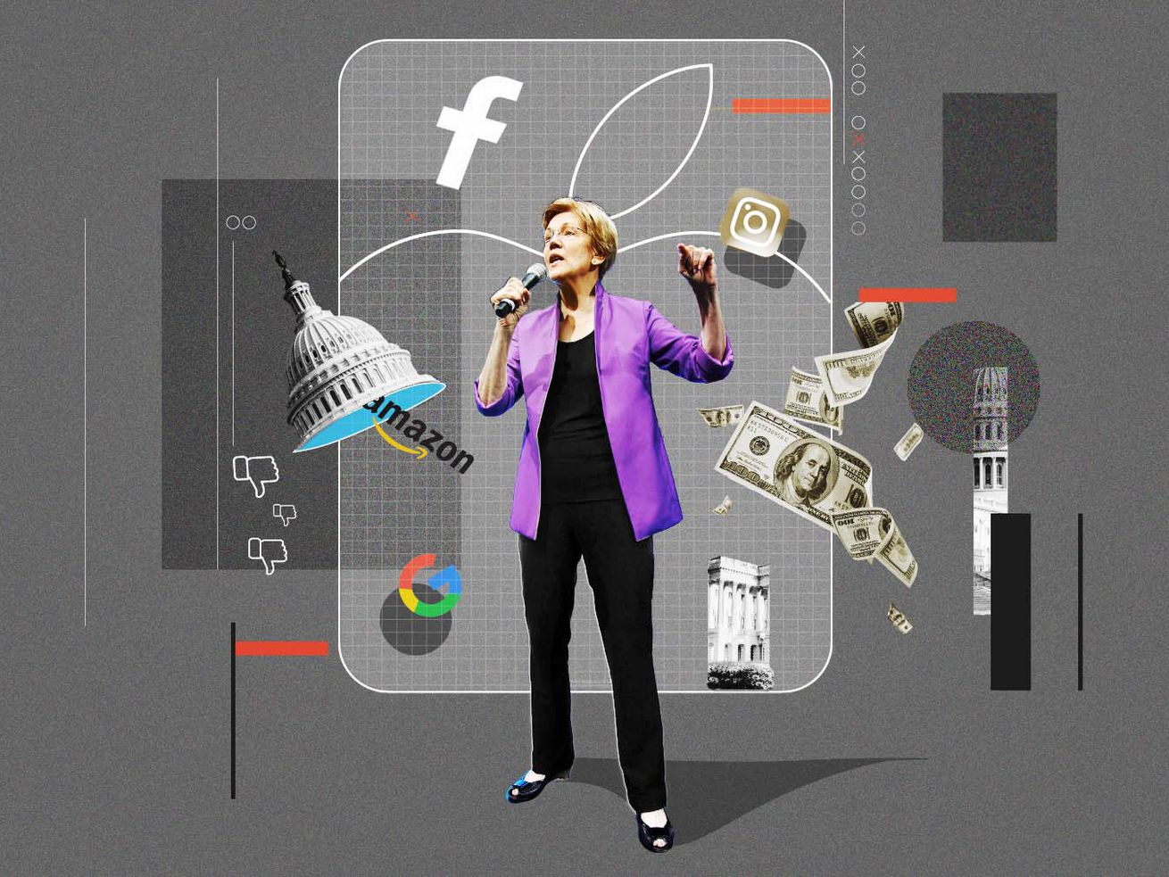 Photo collage of Senator Elizabeth Warren surrounded by representations of topics that relate to her, like money and the Facebook logo.