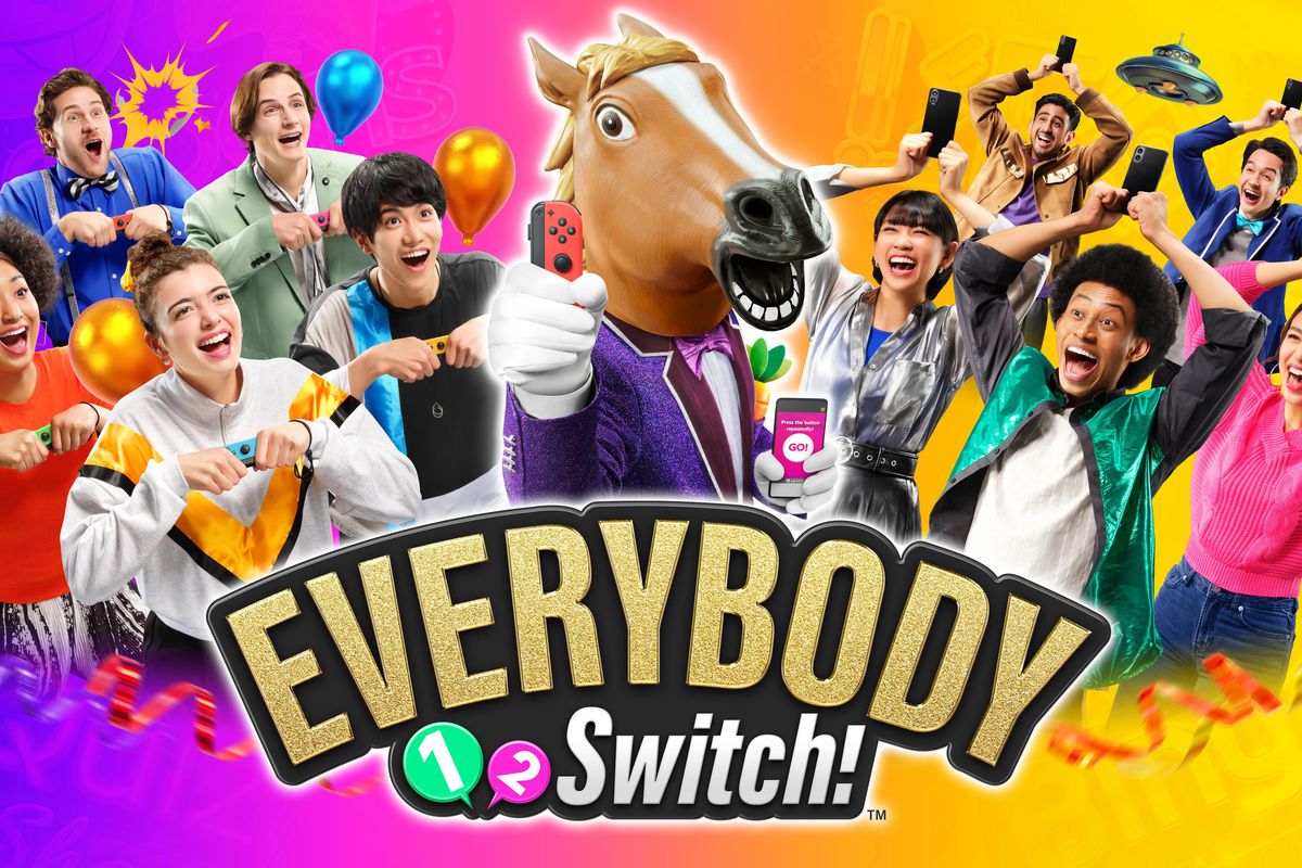 A title card for Everybody 1-2-Switch, featuring an assortment of enthusiastic people playing the party game with Joy Con Controllers and also mobile devices. At the center, is a figure in a horse mask and a purple sparkly suit. In one hand they hold a red Joy Con and in the other, a mobile phone. The background is a purple and orange gradient. The title “Everybody 1-2-Switch!”” is written below. 