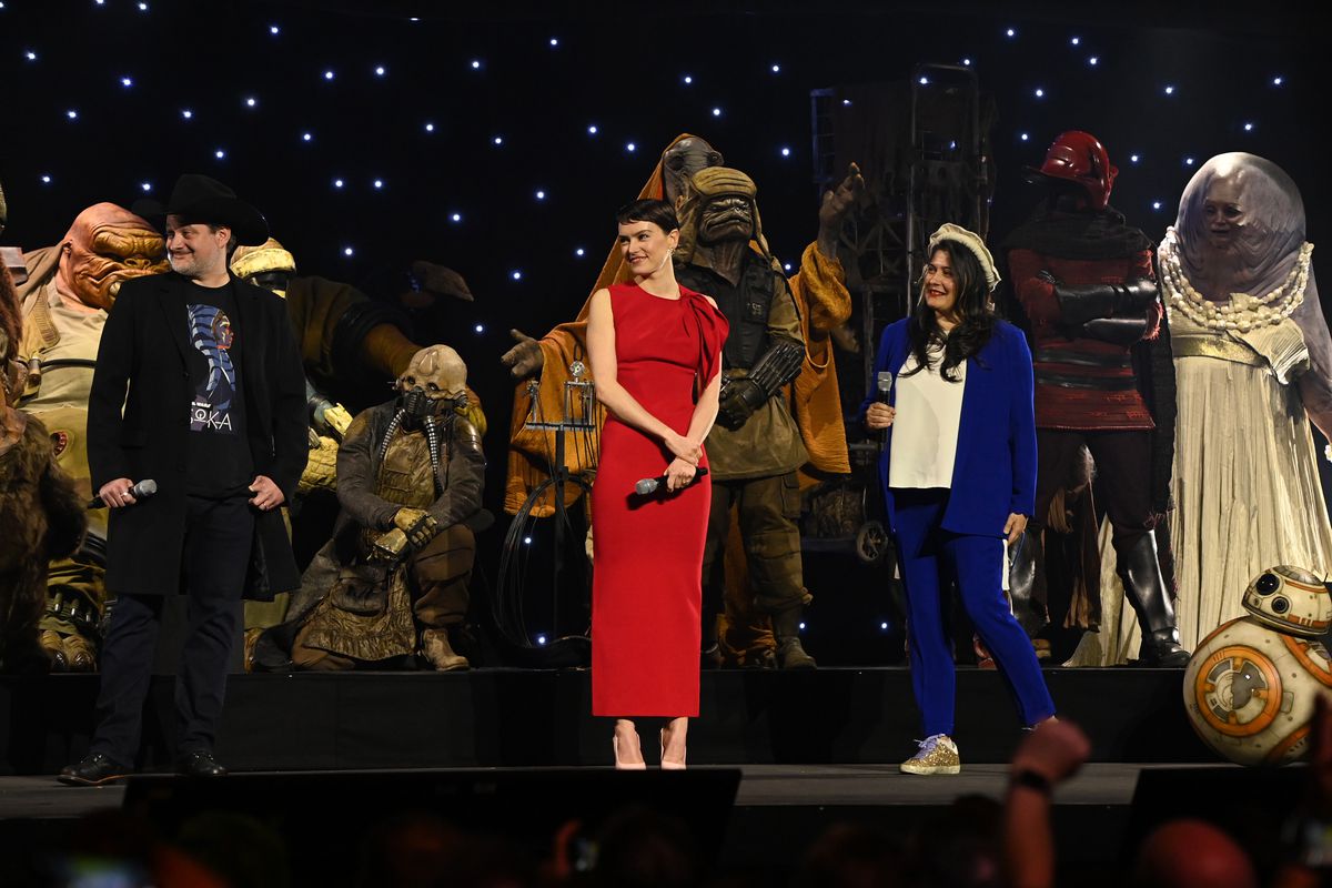 Dave Filoni, Daisy Ridley and Sharmeen Obaid-Chinoy onstage during the studio panel at the Star Wars Celebration 2023