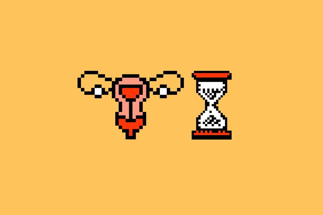 Pixelated uterus next to a pixelated hourglass against a yellow background. 