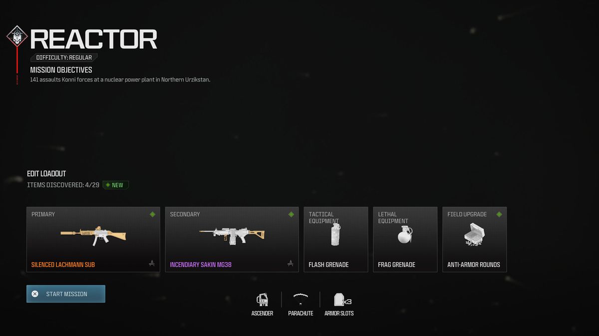 A menu shows the player selecting a loadout for the MW3 campaign mission Reactor.