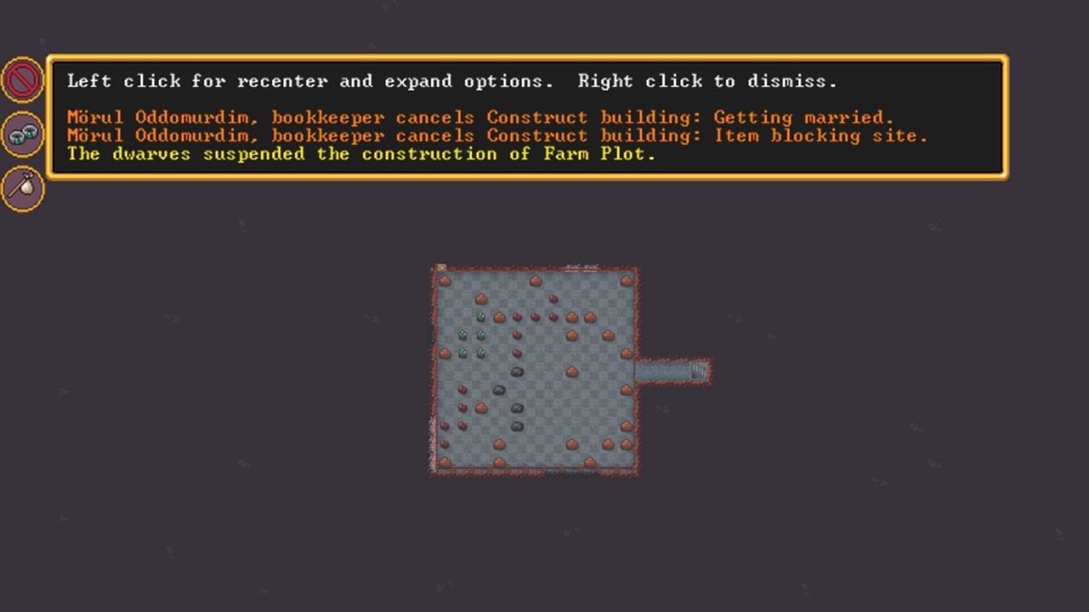 Dwarf Fortress screenshot showing an alert window that says construction was stopped on a farm plot because the worker was busy getting married.