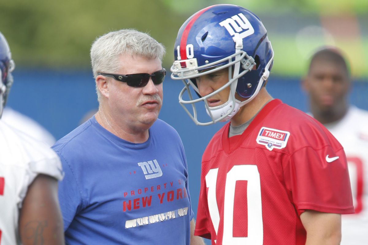 Kevin Gilbride and Eli Manning during mini-camp.