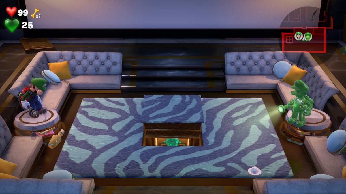 Luigi and Gooigi stand on tables on next to a lavish carpet in Luigi’s Mansion 3