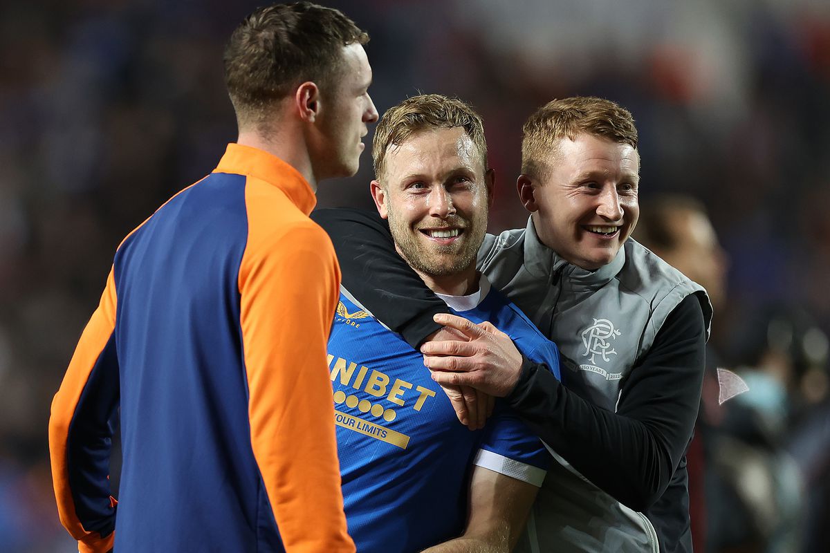 Scott Arfield of Rangers is seen at full time during the UEFA Europa League Quarter Final Leg Two match between Rangers FC and Sporting Braga at Ibrox Stadium on April 14, 2022 in Glasgow, Scotland.