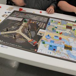 In Churchill: Big Three Struggle For Peace, from GMT Games, the game board is divided into two sections: a conference section and a military section. What happens during the conferences effects what happens in the war, and vice versa.