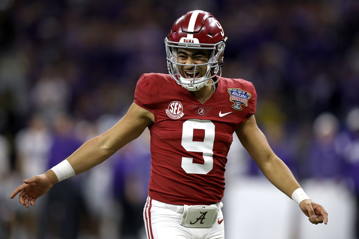NEW ORLEANS, LOUISIANA - DECEMBER 31: Bryce Young #9 of the Alabama Crimson Tide reacts after throwing a touchdown pass during the fourth quarter of the Allstate Sugar Bowl against the Kansas State Wildcats at Caesars Superdome on December 31, 2022 in New Orleans, Louisiana.
