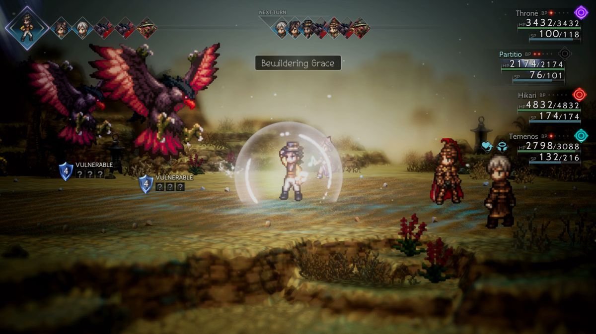Partitio performs Bewildering Grace for some birds in Octopath Traveler 2