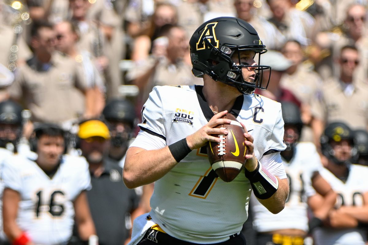 Appalachian State Mountaineers quarterback Chase Brice during the football game between the Appalachian State Mountaineers and Texas A&amp;M Aggies at Kyle Field on September 10, 2022 in College Station, Texas.
