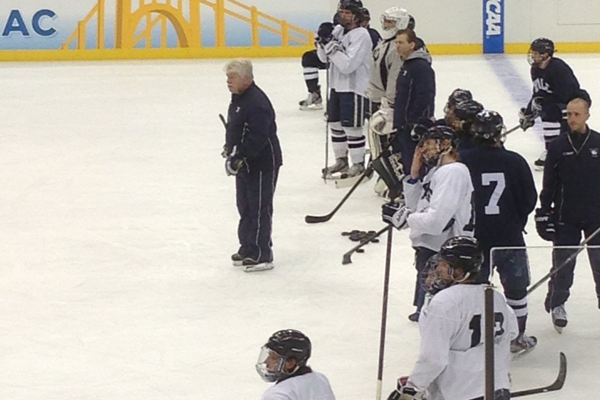 Yale coach Keith Allain and associate coach Red Gendron conduct practice Wednesday in Pittsburgh.