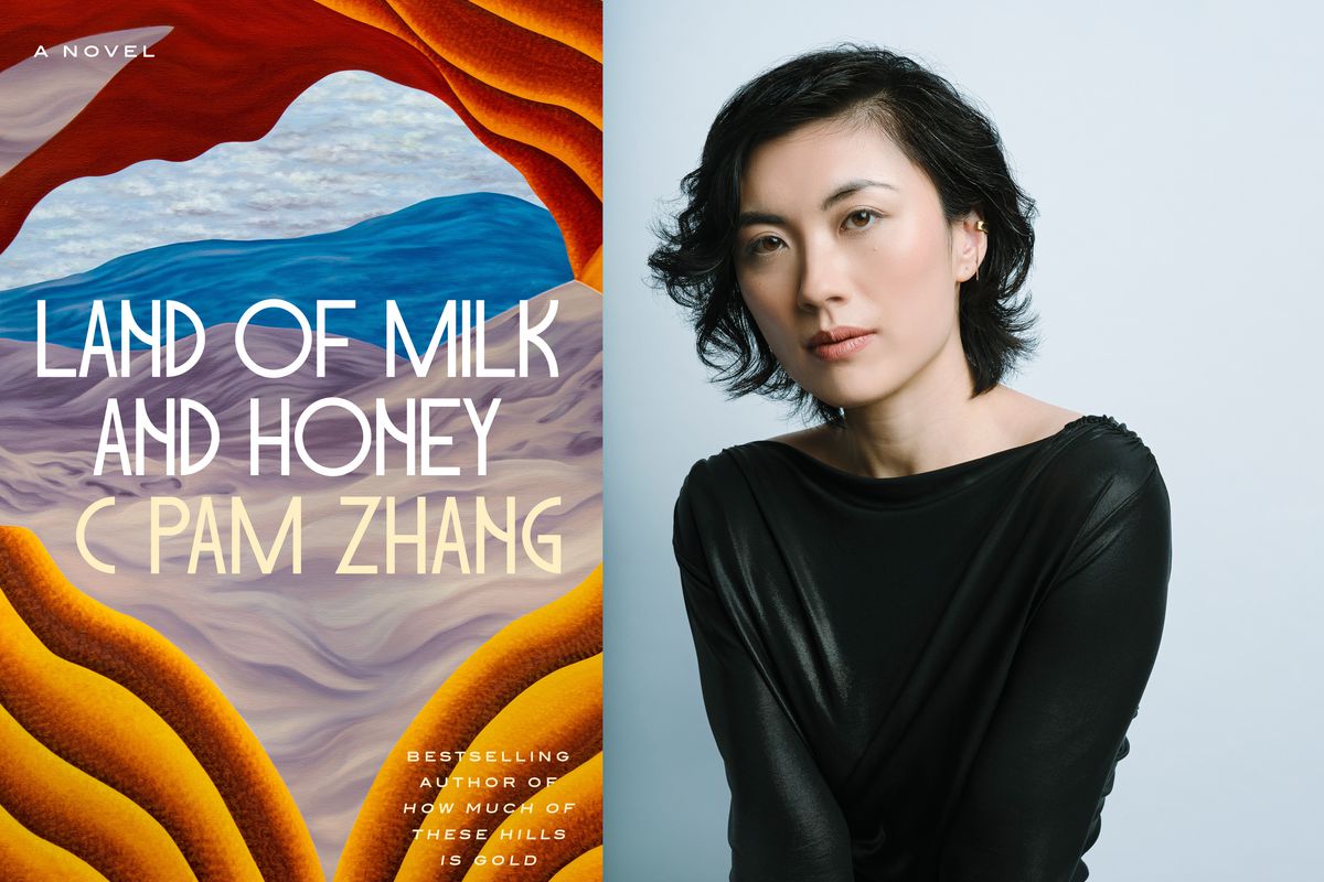 A side-by-side image showing the cover of C. Pam Zhang’s Land of Milk and Honey on the left and a headshot of C. Pam Zhang on the right.