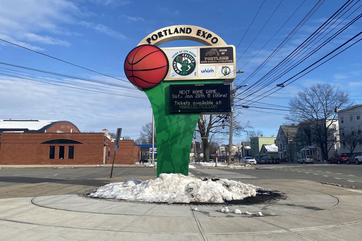 The sign outside the Portland Expo, home of the Maine Celtics.