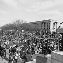 In this Saturday, April 1, 1972 file picture, Daniel Ellsberg, chief defendant in the Pentagon Papers case, addresses a crowd at the State Capitol in Harrisburg, Pa. following an anti-war parade that ended at the Capitol.  The rally was also held in support of the seven defendants in the Harrisburg conspiracy trial. 