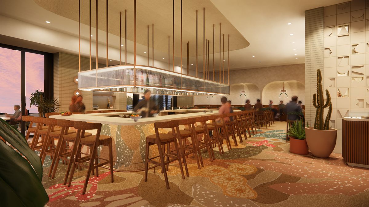 A rendering of a restaurant bar with a hanging ceiling light fixture and chairs.