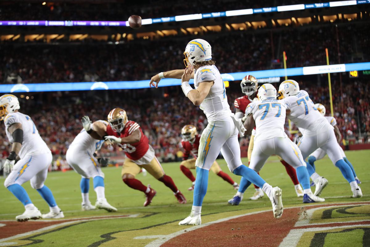 Justin Herbert #10 of the Los Angeles Chargers passes during the game against the San Francisco 49ers at Levi’s Stadium on November 13, 2022 in Santa Clara, California. The 49ers defeated the Chargers 22-16.