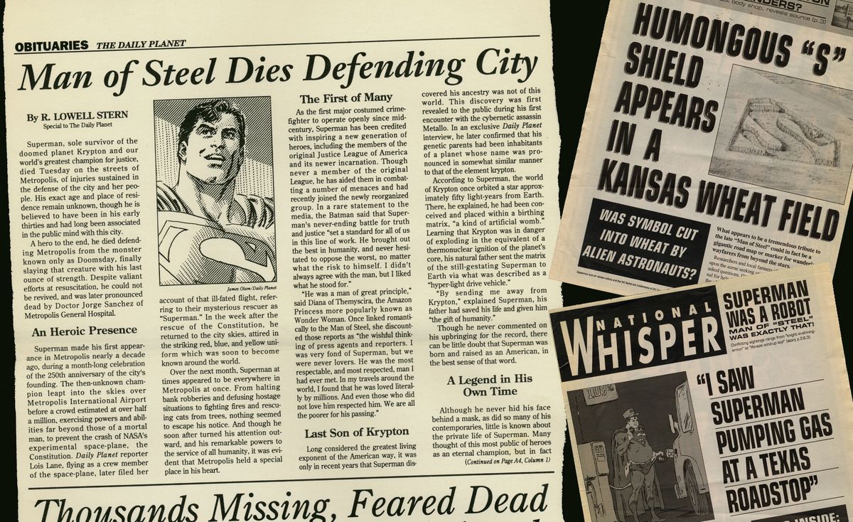 Fictional newspaper clippings on the death of Superman from DC Comics’ Newstime: The Life and Death of Superman