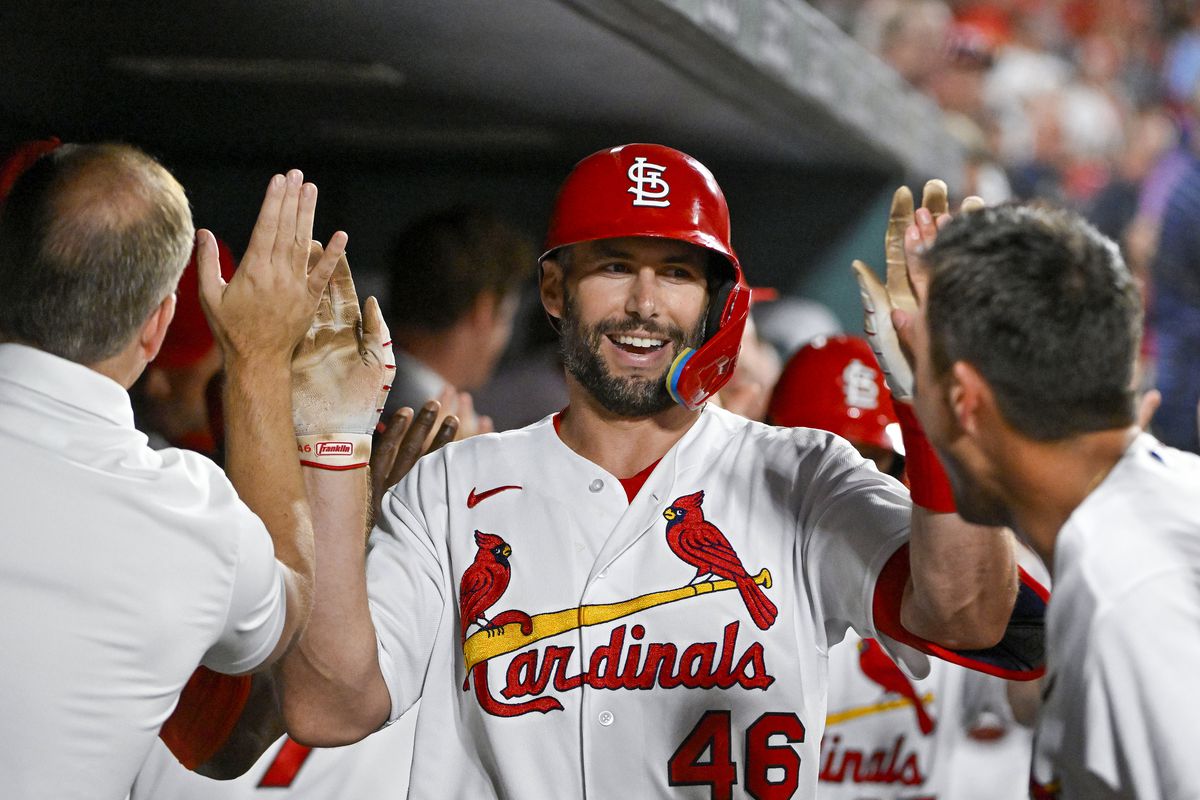 St. Louis Cardinals first baseman Paul Goldschmidt (46) is congratulated by teammates after hitting a two run home run against the Colorado Rockies during the fifth inning at Busch Stadium.