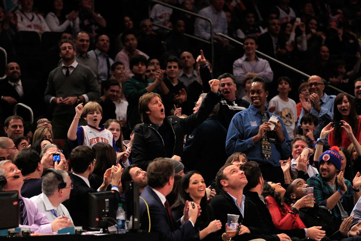 Musician Paul McCartney watches the New York Knicks play the New Orleans Hornets at Madison Square Garden on February 17, 2012 in New York City. I believe Sir Paul might need to be treated for Linsanity!  (Photo by Chris Trotman/Getty Images)