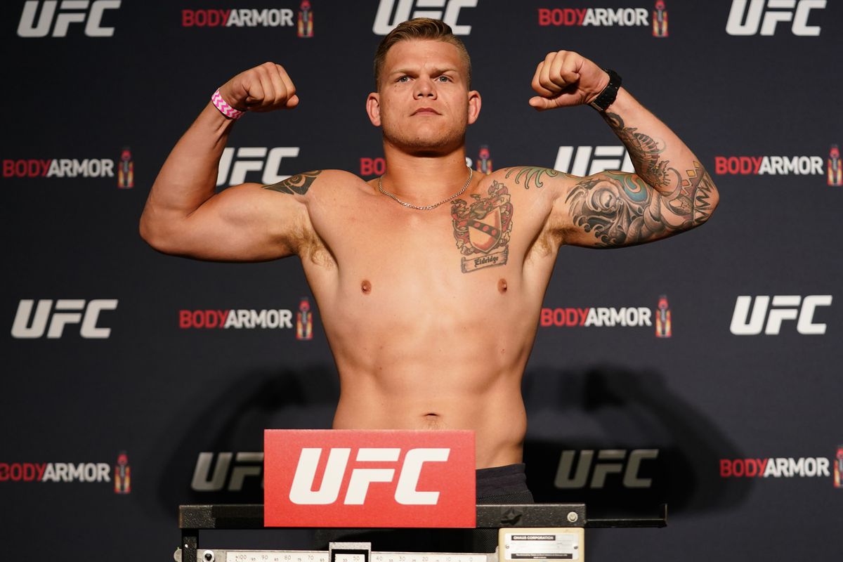 Chase Sherman poses on the scale during the official UFC Fight Night weigh-in on May 12, 2020 in Jacksonville, Florida.