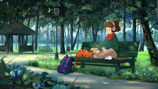 An image of a cartoon girl sitting in a park. She’s the lofi girl she wears a green crewneck sweater, headphones, and beige pants. She’s sitting next to a cat. 
