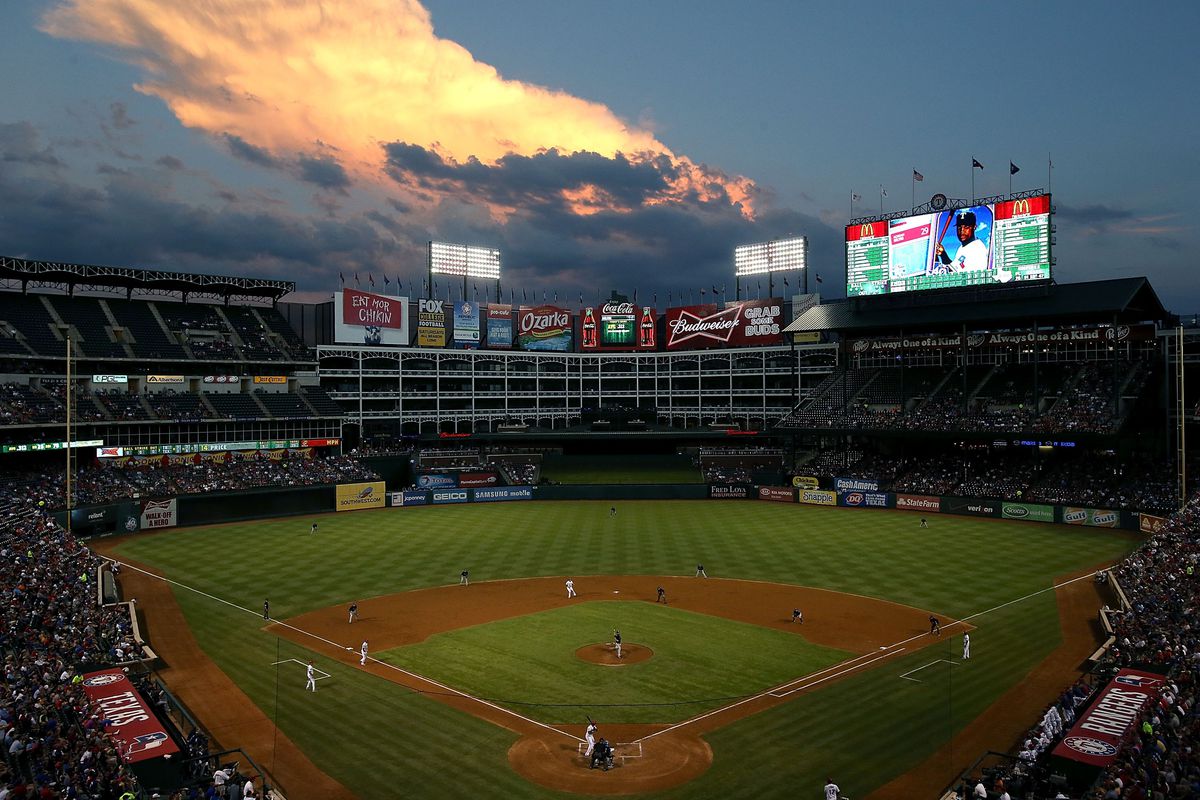 ARLINGTON, TX - AUGUST 27:  The sunsets during a game between the Tampa Bay Rays and the Texas Rangers at Rangers Ballpark in Arlington on August 27, 2012 in Arlington, Texas.  (Photo by Ronald Martinez/Getty Images)