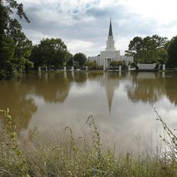 The LDS Houston Texas Temple is surrounded by water after Tropical Storm Harvey in Houston on Wednesday, Aug. 30, 2017.