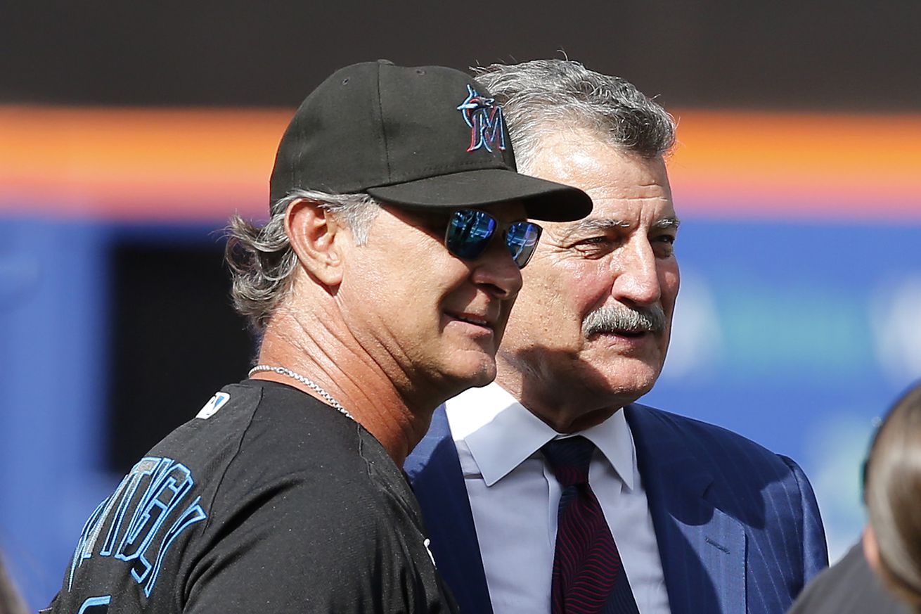 Former New York Met Keith Hernandez stands with Miami Marlins manager Don Mattingly #8 prior to a game at Citi Field on July 09, 2022 in New York City. Hernandez’ number 17 was retired during a pre game ceremony. The Mets defeated the Marlins 5-4 in ten innings.