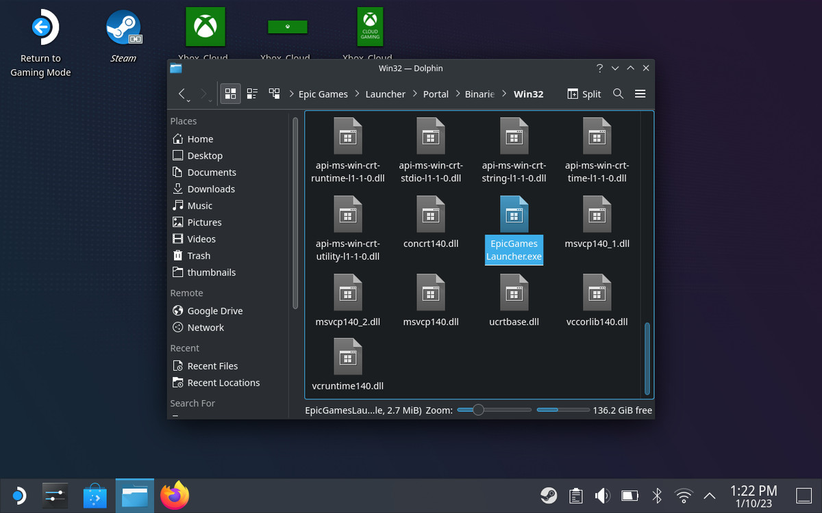 A SteamOS screenshot of the Dolphin File Manager displaying the Epic Games folder.