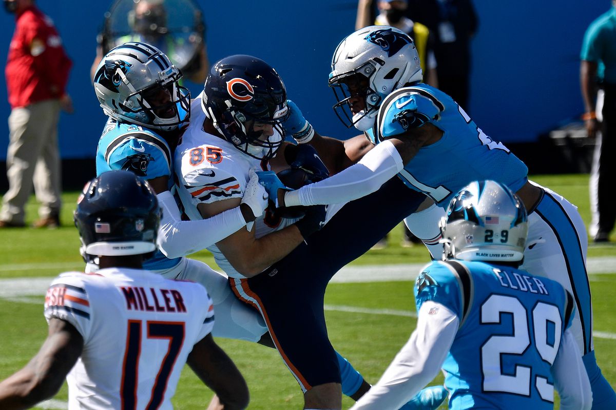 Bears rookie tight end Cole Kmet (85) caught his only touchdown pass of the season against the Panthers on Oct. 18 at Bank of America Stadium.