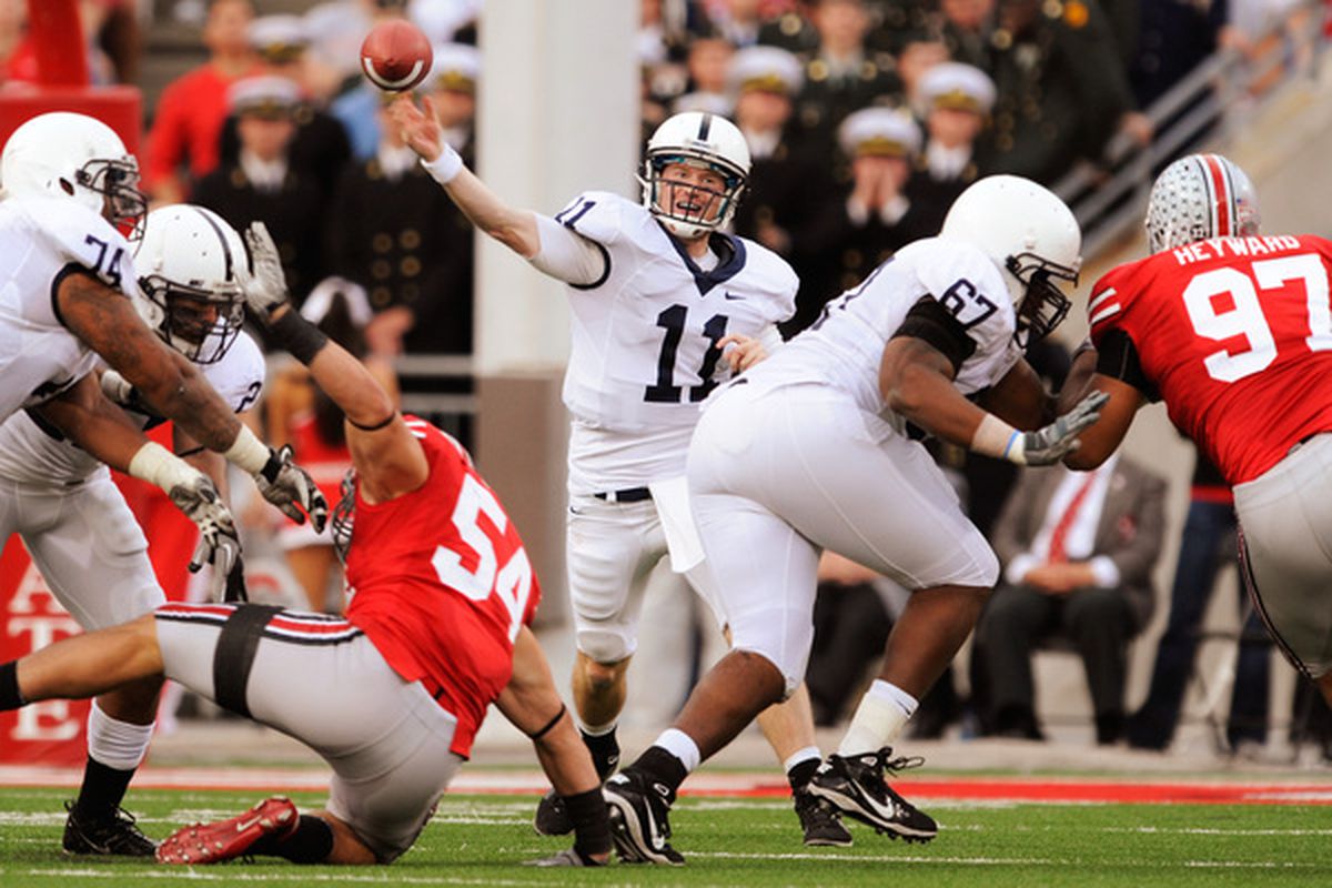 COLUMBUS OH - NOVEMBER 13:  Quarterback Matt McGloin #11 of the Penn State Nittany Lions completes a pass in the first half against the Ohio State Buckeyes at Ohio Stadium on November 13 2010 in Columbus Ohio.  (Photo by Jamie Sabau/Getty Images)
