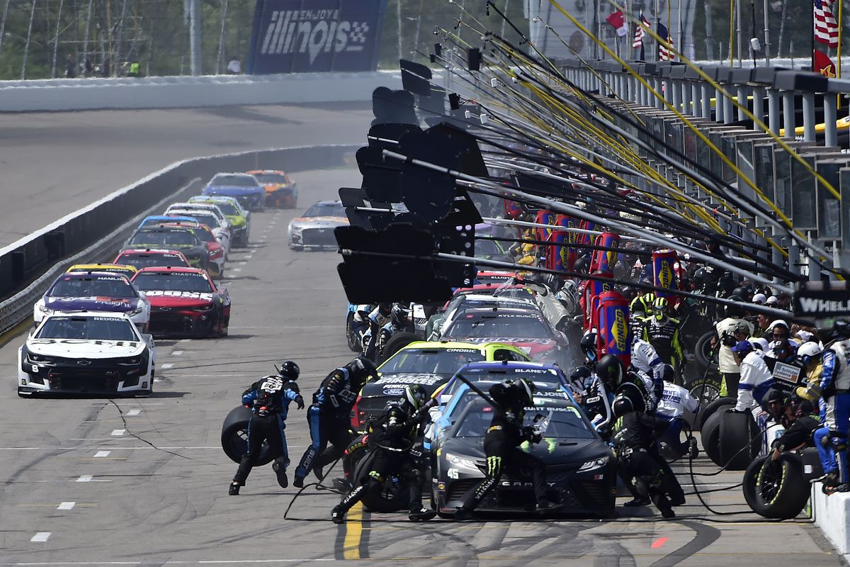 A general view of pit road during the NASCAR Cup Series Enjoy Illinois 300 at WWT Raceway on June 05, 2022 in Madison, Illinois.