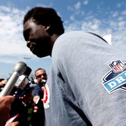 BYU's Ziggy Ansah speaks with the media after the NFL "Play 60" event for kids prior to the 2013 NFL draft.