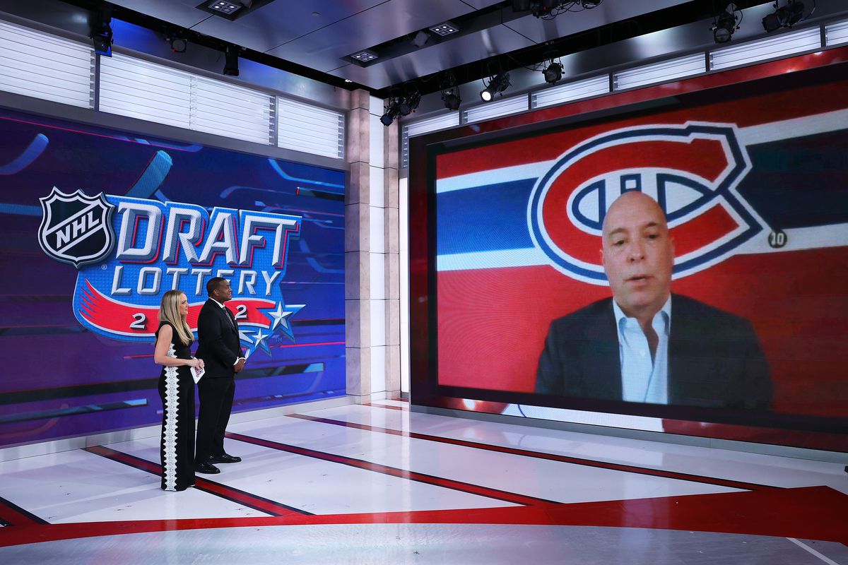 Montreal Canadiens General Manager Kent Hughes is interviewed after being awarded the #1 overall draft pick in the 2021 NHL Draft Lottery on May 10, 2022 at the NHL Network’s studio in Secaucus, New Jersey.  &nbsp;  