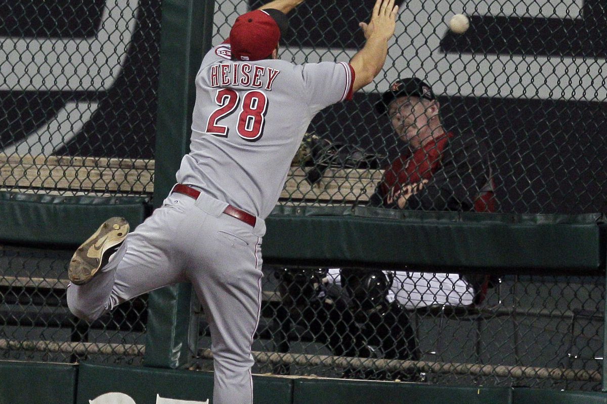 In the 5th inning, Chris Heisey heard a rumor that he'd been traded to the Astros, and promptly tried to run through a wall to evacuate the stadium.  Luckily, it was just a Ken Rosenthal tweet...and we all know those are never true.