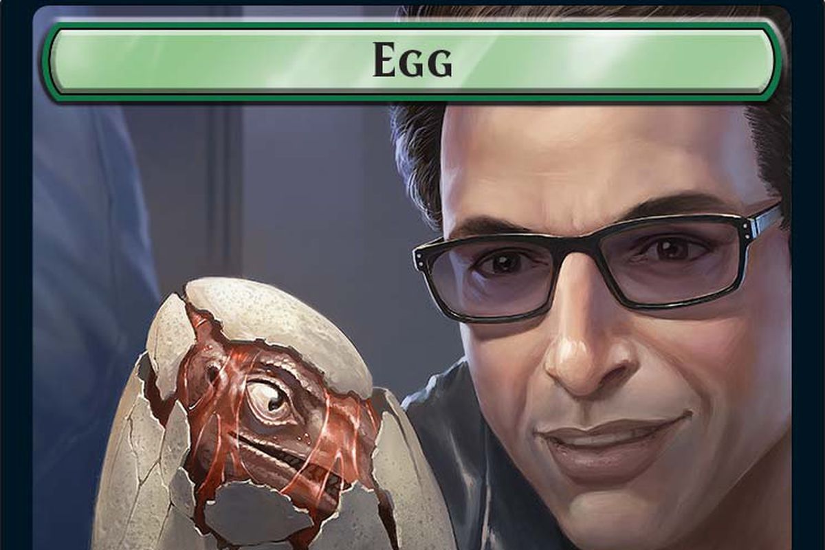 An “Egg” card for Magic: The Gathering, featuring Dr. Ian Malcolm (from Jurassic Park) gazing at a dinosaur egg as a baby dinosaur pokes free